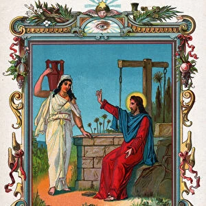 Jesus Christ and the Samaritan woman, circa 1900 (engraving)