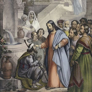 Jesus gives sight to one born blind (coloured engraving)