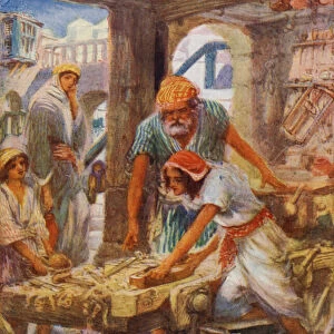Jesus learning carpentry in Josephs workshop (colour litho)