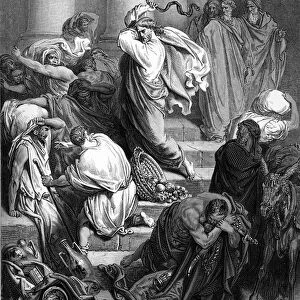 Jesus in the temple, engraving by Dore. - Bible