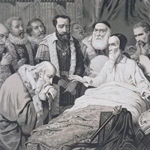 John Calvin (1509-1564) on his Death Bed (engraving)