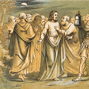 Judas betrays Jesus (coloured engraving)