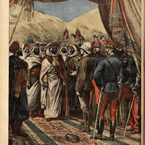 Jules Cambon (1845-1935), Governor General of Algeria, after the return to calm on the Moroccan border, received the main Moroccan rebel leaders who presented their complaints to him. Engraving in "Le petit journal"9 / 05 / 1897