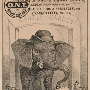 Jumbos arrival, advertisement for Clarks spool cotton, featuring P T Barnums famous circus elephant (litho)