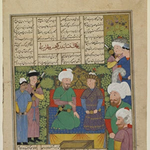 Kay Khusraw installs Luhrasp as king, 1493-94 (ink, opaque watercolor and gold on paper)