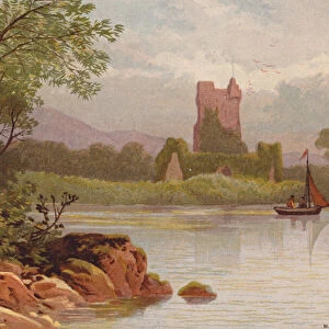 Killarney Lakes, Ross Castle (colour litho)
