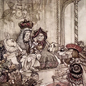 Knave before the King and Queen of Hearts, illustration to Alices Adventures