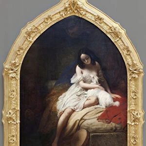 La Esmeralda, character in Notre Dame de Paris by Victor Hugo, Oil painting on canvas by Charles von Steuben (1788-1856), showing the dancer with the Basque drum hidden in a tower of Notre Dame, after being saved by Quasimodo