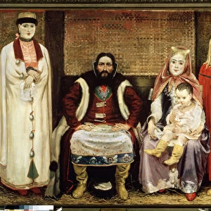 La famille du marchand au 17e siecle. Peinture de Andrei Petrovich Ryabushkin (Riaboutchkine) (1861-1904), huile sur toile, 1896. Art russe 19e siecle. State Russian Museum, Saint Petersbourg