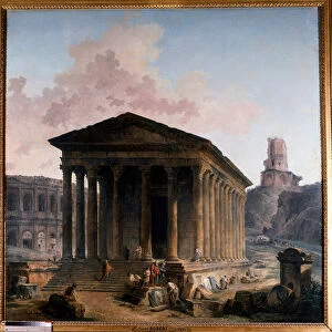 La maison carree, les arenes et la tower Magne a Nimes Painting by Hubert Robert