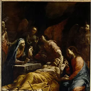 La mort de saint Joseph (Death of Saint Joseph). Vieillard allonge sur son lit de mort, entoure de la Vierge Marie, de Jesus Christ le benissant et d anges