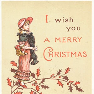 Lady with basket on arm, Christmas Card (chromolitho)