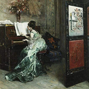 A Lady Playing the Piano in an Interior, (oil on canvas)