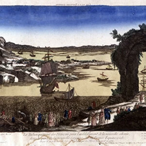 The landing of the French for the establishment of the new colony in the port of Nouvelle