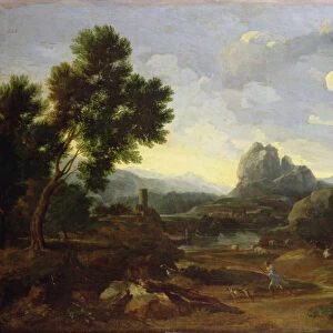 Landscape with hunter and dogs (oil on canvas)