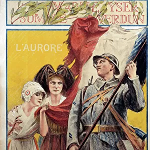 L'Aurore: propaganda poster during the First World War with two women representing Alsace and Lorraine (Alsace-Lorraine), 1914