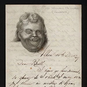 Letter written on writing paper bearing the face of a laughing man (engraving)