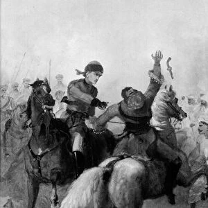 Lieutenant John Watson of the 1st Punjab Cavalry winning the Victoria Cross at Lucknow during the Indian Mutiny on 14th November 1857 (oil on canvas) (b / w photo)