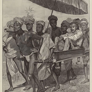 Lieutenant (now Major) Grant, wounded in the Manipur Fighting, carried back to Tummu (engraving)