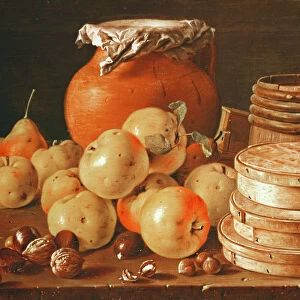 Still Life with apples, nuts, pears, and boxes of sweets (oil on canvas)