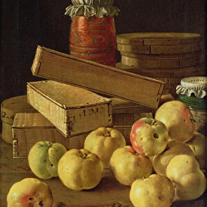 Still life with apples, pots of jam and boxes of cake (oil on canvas)