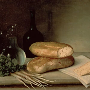 Still Life with Bread, Cheese and a Flagon of Wine (oil on canvas)