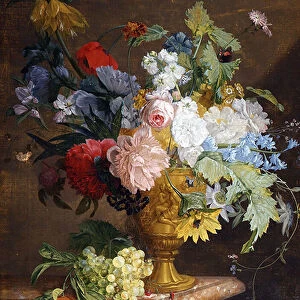 Still Life of Flowers in a Golden Vase on a Marble Ledge (oil on canvas)