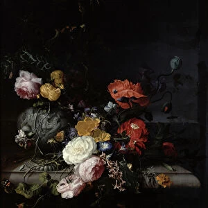 Still Life with Flowers and Insects (oil on canvas)