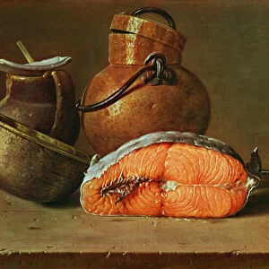 Still Life with a Piece of Salmon, a Lemon and Kitchen Utensils (oil on canvas)
