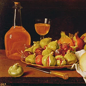 Still Life with a plate of figs and pomegranates, bread and wine (oil on canvas)