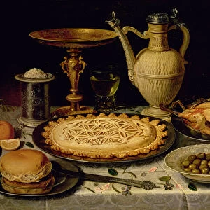 Still life with a tart, roast chicken, bread, rice and olives (oil on panel)
