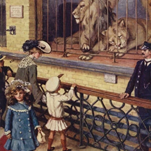 In the Lion House at London Zoo (colour litho)