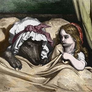 Little Red Riding Hood and Wolf dislike like Grandma. Illustration by Gustave Dore, 1867 (engraving)