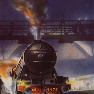 London and North Eastern Railway A3 Class 4-6-2 Pacific steam locomotive Flying Scotsman leaving London Kings Cross bound for the north (colour litho)