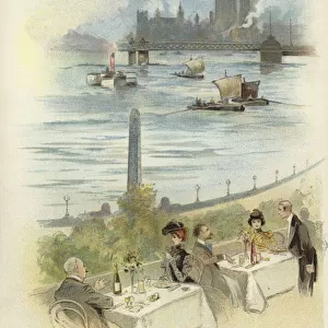 Lunch on terrace overlooking the Thames (colour litho)