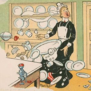 Maid breaking china (colour litho)