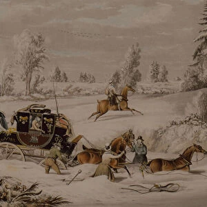The Mail Coach in a Drift of Snow, 1825 (coloured engraving)