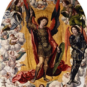 A Man about to be awakened from his Sleep by Saint Michael, (oil on panel)