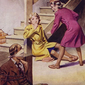 A man bound, gagged and sitting on the floor while two girls look on (colour litho)