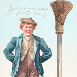 Man with Broom and Cigarette, Christmas Card (chromolitho)