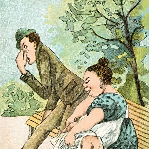 Man disgusted by the smell of a babys nappy being changed (chromolitho)