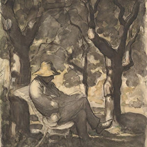 A Man Reading in a Garden, 1825-79 (w / c over black chalk, pen and ink, wash and crayon)