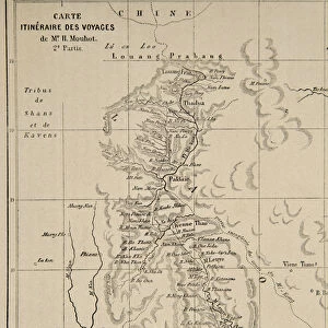 Map of Laos and the Mekong river showing the route of the voyage of Henri Mouhot