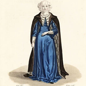 Margaret of Beaujeu, daughter of Edward I of Beaujeu, wife to James of Piedmond, 1346-1402. She wears a wimple, hooded cloak and blue especially. Handcoloured copperplate engraving by Georges Jacques Gatine after an illustration by Louis Marie Lante