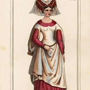 Marguerite de Chalons, Countess de Thonnerre, wife of Olivier de Husson, chamberlain to King Charles VII of France, d. 1463. She wears a hennin and a tunic dress with mahoitre sleeves