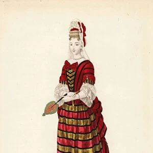 Marie Adelaide de Savoie, Duchess of Burgundy, 1683-1712. She wears a tall lace Fontanges headdress with ribbons, striped mantua with train, lace sleeves, and petticoat with gold bands. After a miniature on vellum in the editors collection