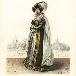 Marie Dorval or Madame Allan Dorval as Queen Elisabeth in Le Chateau de Kenilworth by Jean-Baptiste Blache and Henri Lemaire, Theatre de la Porte St. Martin, 1822. Handcoloured lithograph by F