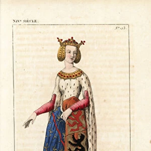 Marie de Hainaut, Mary of Avesnes, wife of Louis I, Duke of Bourbon, 1280-1354. She wears a crown with ear pieces, a rich robe with ermine bodice and sleeves and coat of arms skirt (her husbands blazon with lions of Holland and Flanders)
