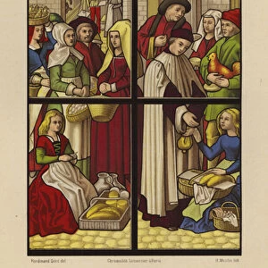 Market, stained glass from Tournai Cathedral, Belgium, 15th Century (chromolitho)
