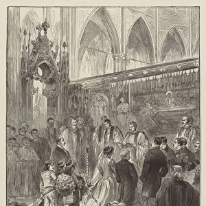 Marriage of Mr H M Stanley and Miss Dorothy Tennant in Westminster Abbey, 12 July (engraving)